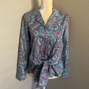Jones New York Teal and Pink Paisley Tie-Front Blouse